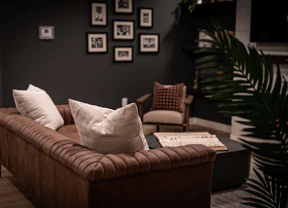 A brown couch with white pillows sits in a room with a plant to the right.