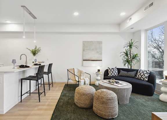 A modern living room with a black couch and a green rug.