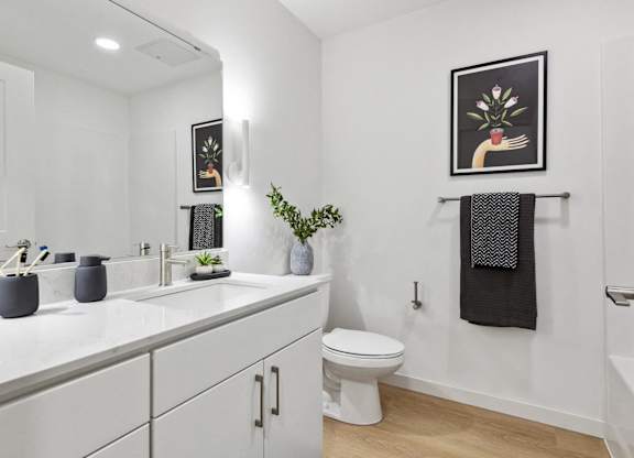 A bathroom with a toilet, sink, and a picture on the wall.
