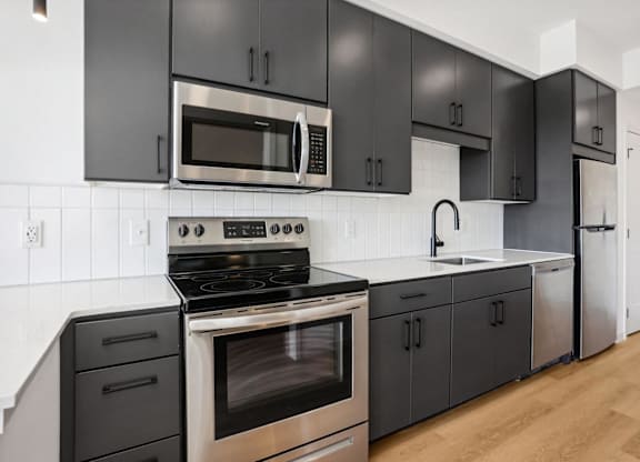A modern kitchen with black cabinets and stainless steel appliances.