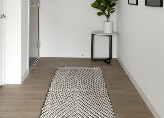 a small entryway with white walls and a white plant on a black and white side table