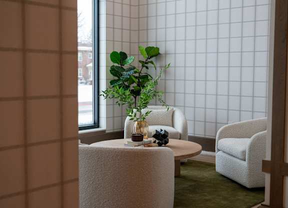 A potted plant sits on a table in a room with a tiled wall.