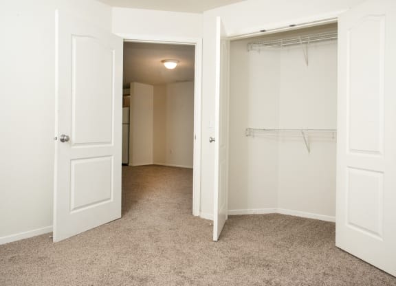 an empty bedroom with a closet and a white closet door