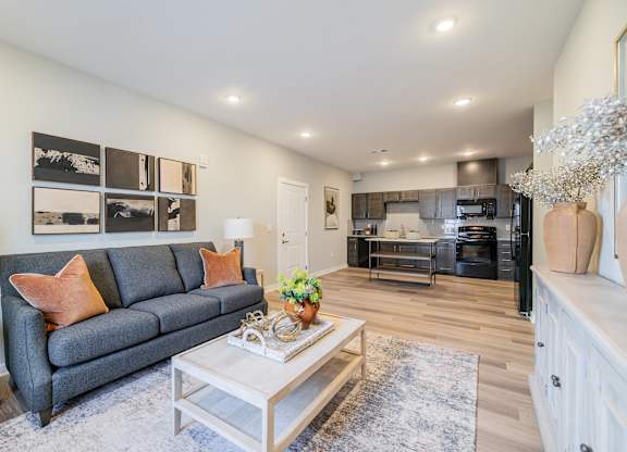 A modern living room with a grey couch and a coffee table.