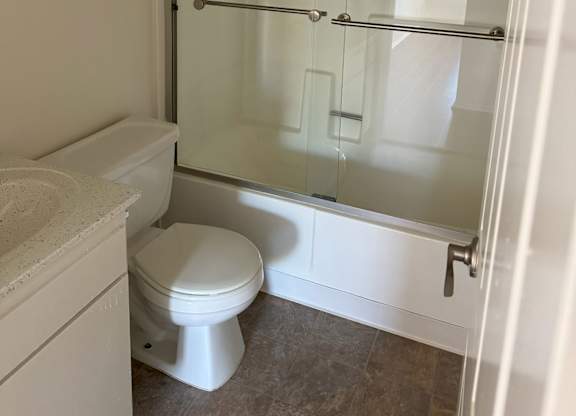 A white toilet sits next to a walk-in shower.