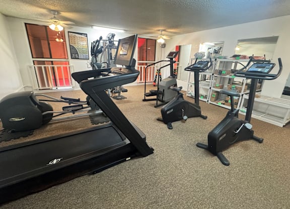A gym with treadmills, elliptical machines, and other exercise equipment.