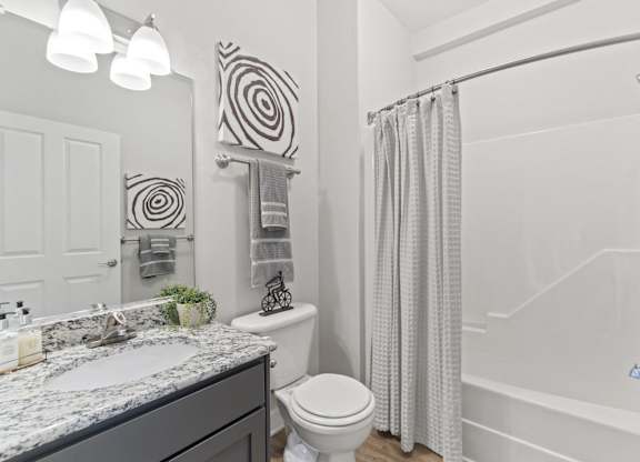 A bathroom with a white toilet, a sink, and a shower.
