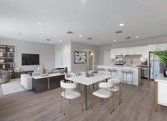 a living room and dining room with a table and chairs