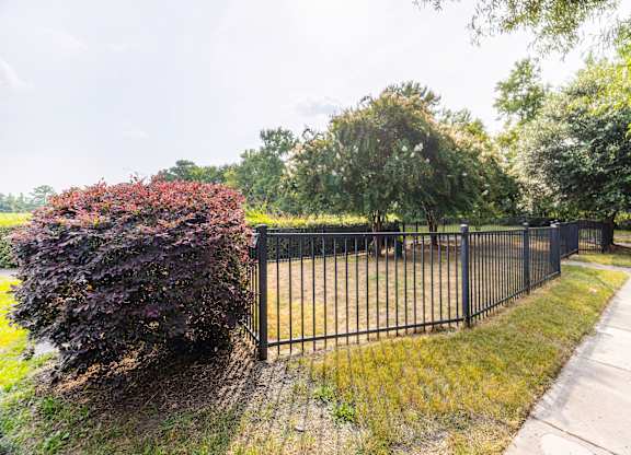 A black metal fence runs along a sidewalk.