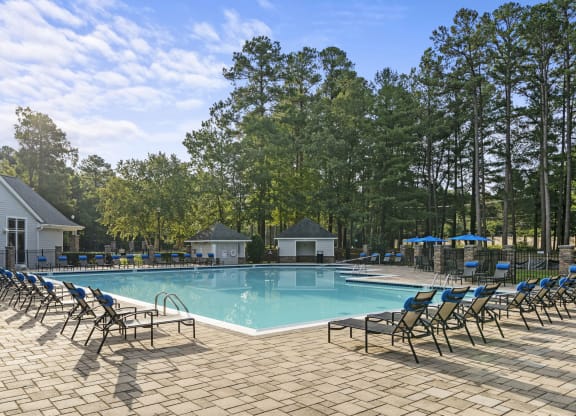our resort style swimming pool is surrounded by lounge chairs at Trails at Short Pump Apartments, Richmond, Virginia