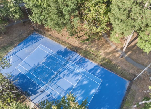 an aerial view of a tennis court surrounded by trees at Trails at Short Pump Apartments, Virginia