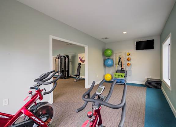 A room with a red and grey exercise bike.