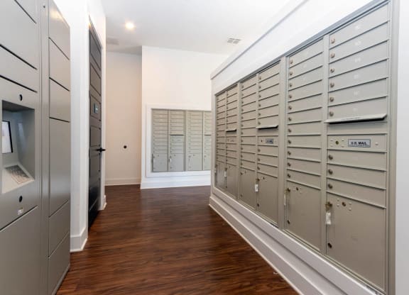 the walk in closet has lockers and a television at Capstone at Banks Crossing, Commerce, Georgia