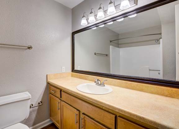 A bathroom with a sink, mirror, and toilet.
