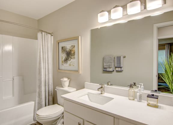 a bathroom with a toilet sink and bathtub at Hunters Chase Apartments, Virginia,23112