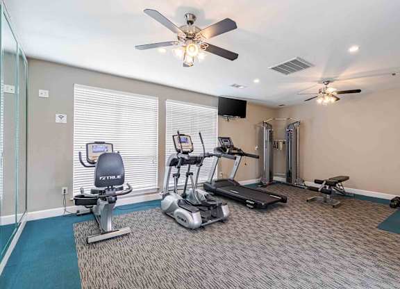 A home gym with a variety of equipment including a treadmill, stationary bike, and weights.
