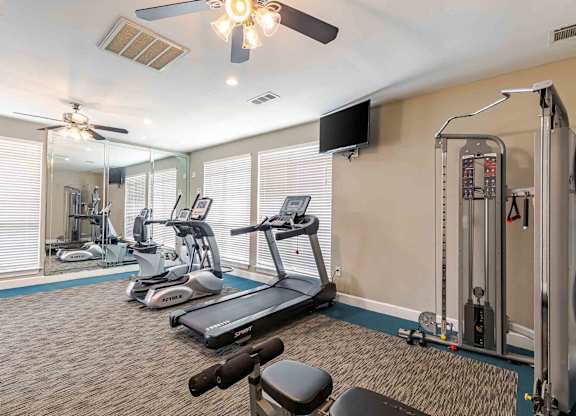 A well-equipped gym with treadmills, exercise bikes, and a television.