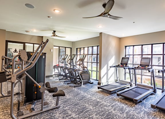 a gym with cardio machines and weights in a room with windows at The Louis Apartment Flats, Kentucky