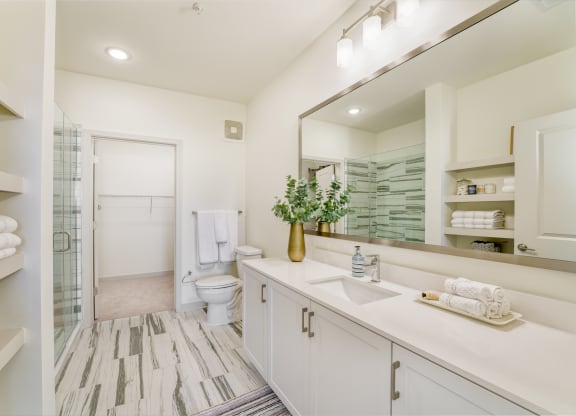a bathroom with a large mirror and a toilet and a shower