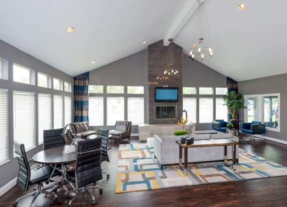 a large living room with gray walls and hardwood flooring topped by a colorful area rug at Misty Ridge Apartments, Woodbridge