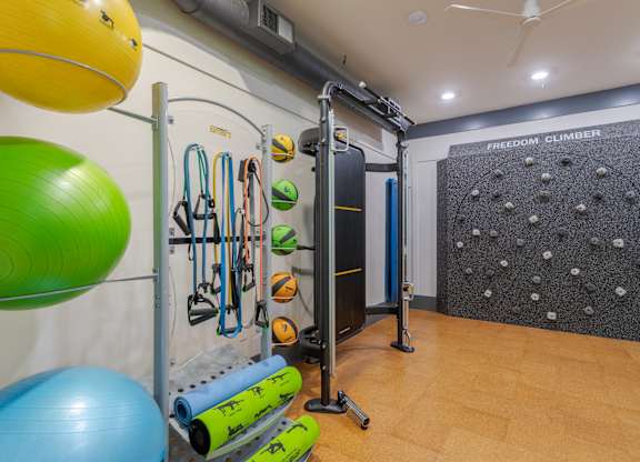 A gym with a climbing wall, exercise balls, and resistance bands.