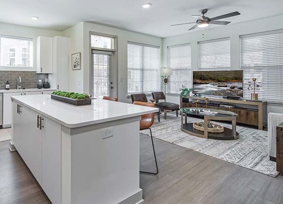 a kitchen with a center island next to a living room at Canopy at Ginter Park Apartments in Richmond, VA 23227