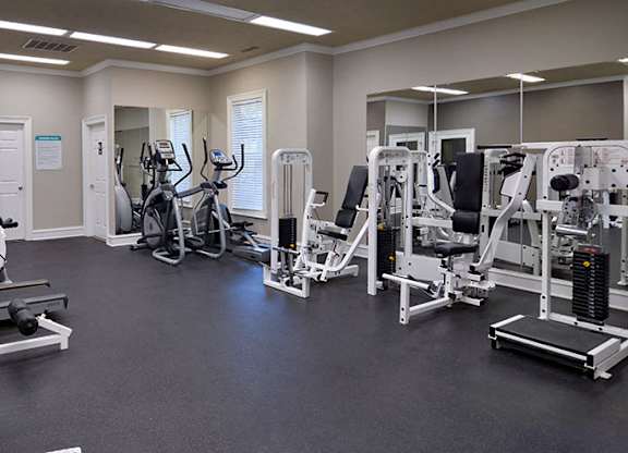 A gym with a variety of equipment including a leg press machine, a chest press machine, and a leg curl machine at Austin Chase Apartments, Macon, GA 31210