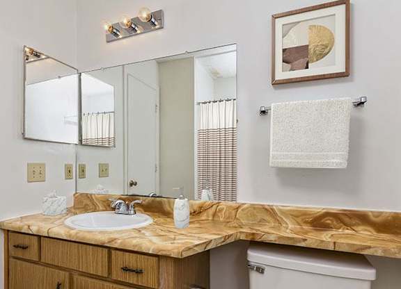 A bathroom with a marble countertop and a white toilet.