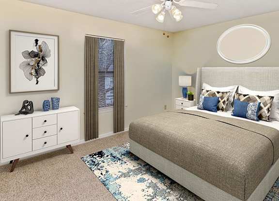 A bedroom with a bed, nightstand, and a dresser with a decorative item on top.
