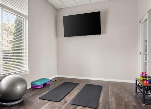 Fitness studio with exercise mats and equipment at Colony at Centerpointe Apartments, Virginia, 23114