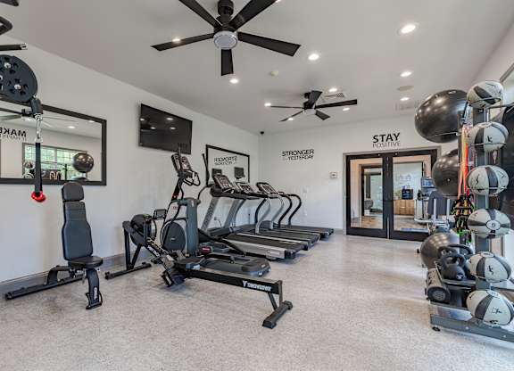 A gym with a variety of equipment including treadmills, weights, and a mirror.