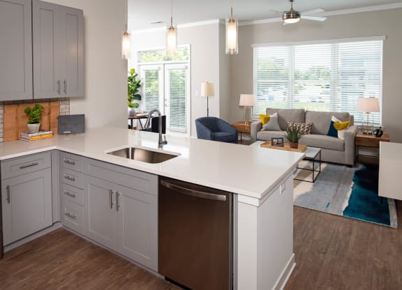 a kitchen with an island and a living room with a couch at One Riverside Apartments, Tennessee, 37403
