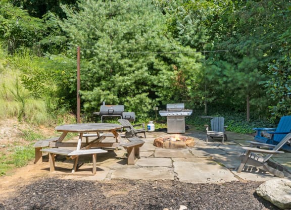 a patio with tables and chairs and a dog laying on the ground at Skyloft, Asheville, 28803