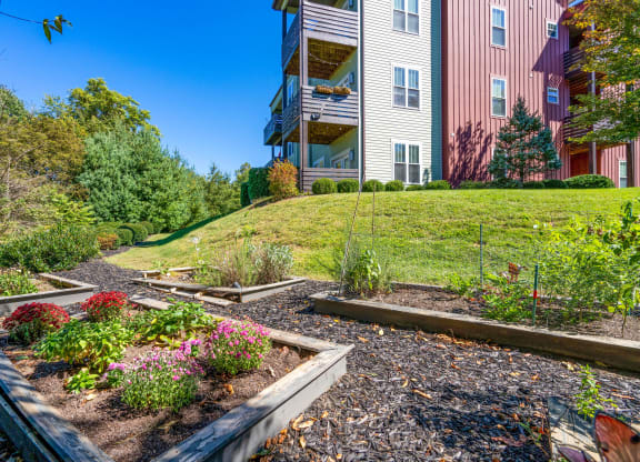 a garden in front of a house on a hill at Skyloft, Asheville