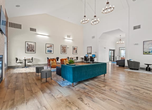 a living room with a blue couch in the middle at SomerHill Farms Apartments, Gainesville, VA 20155