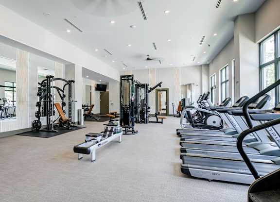 A spacious gym with a variety of equipment including treadmills, weights, and exercise machines.
