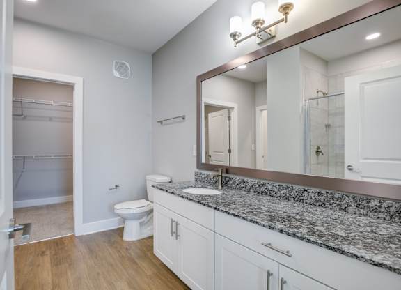 A bathroom with a toilet, sink, and mirror.