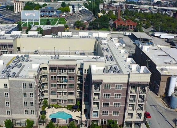 an aerial view of a large building in a city at 17 Broad, Chattanooga, TN 37408