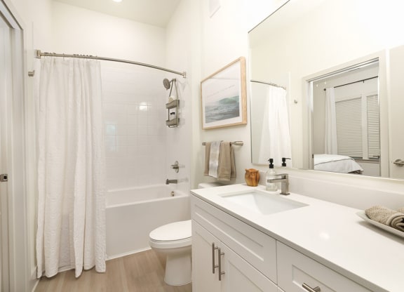 a bathroom with a white sink and toilet next to a white bathtub with a shower curtain at Artistry at Winterfield Apartments, Midlothian, VA