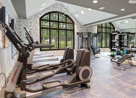 a gym with cardio equipment and a large window at Trails at Short Pump Apartments, Richmond, Virginia