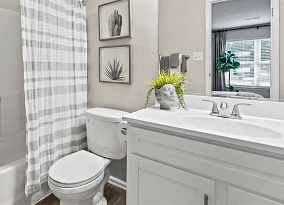 a bathroom with a toilet sink and bathtub at Trails at Short Pump Apartments, Richmond, VA, 23233