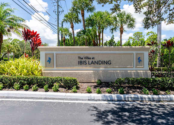 A sign for The Villas at Ibis Landing is shown in front of a row of palm trees.