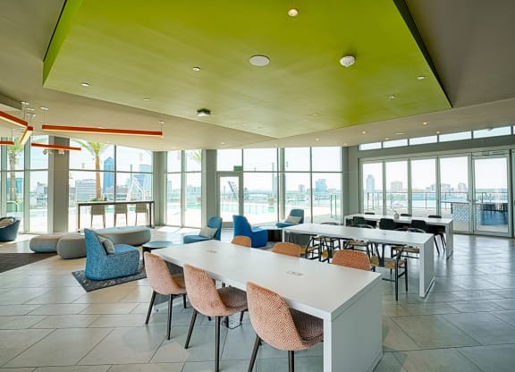 a rendering of a lobby with geometric patterns on the floor at Vista Brooklynn Apartments, Florida, 32202