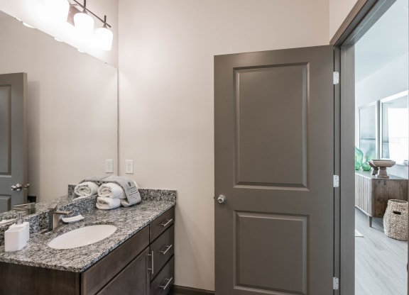 a bathroom with a sink and a mirror and a door at Village at Westland Cove Apartments, Knoxville, TN, 37922