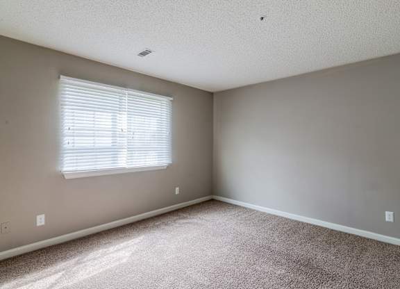 A room with a carpeted floor and a window with blinds.