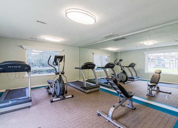 A gym with treadmills, exercise bikes, and other equipment.