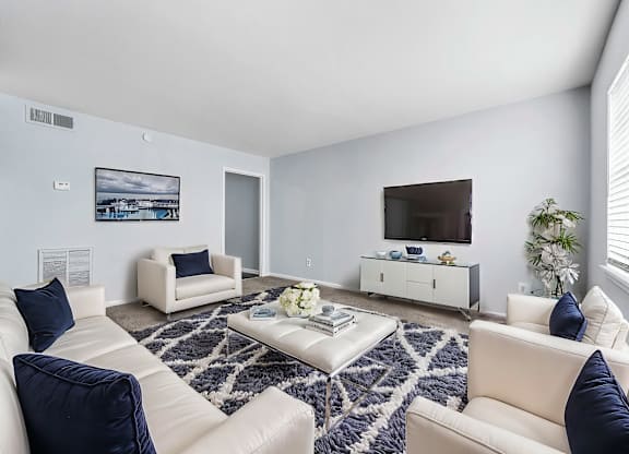 A living room with a white couch and a blue and white patterned rug.