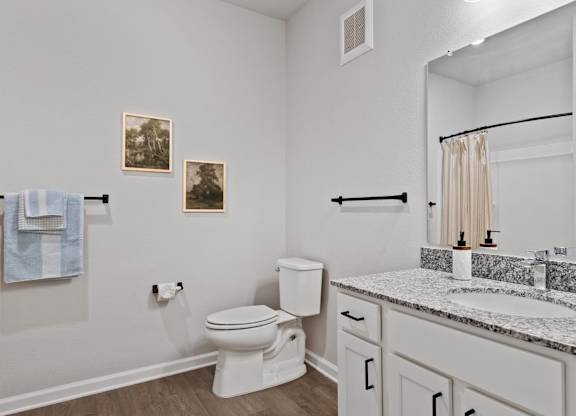 A bathroom with a toilet, sink, and a mirror.