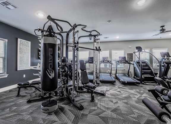 A well-equipped gym with a variety of machines and weights.