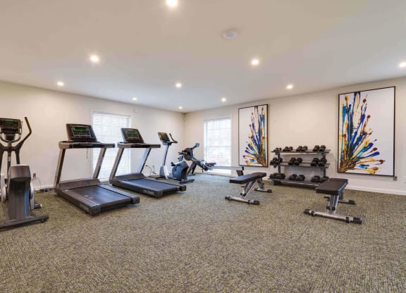 our apartments have a gym with a treadmill and elliptical machines at Station JTown, Louisville